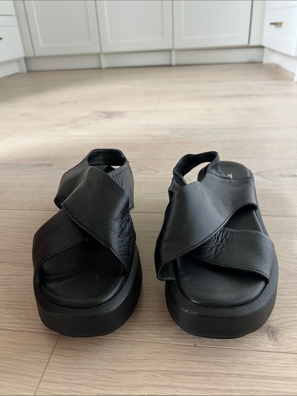 Black Women's Leather Crisscross Platform Sandals - Picture 2 of 6